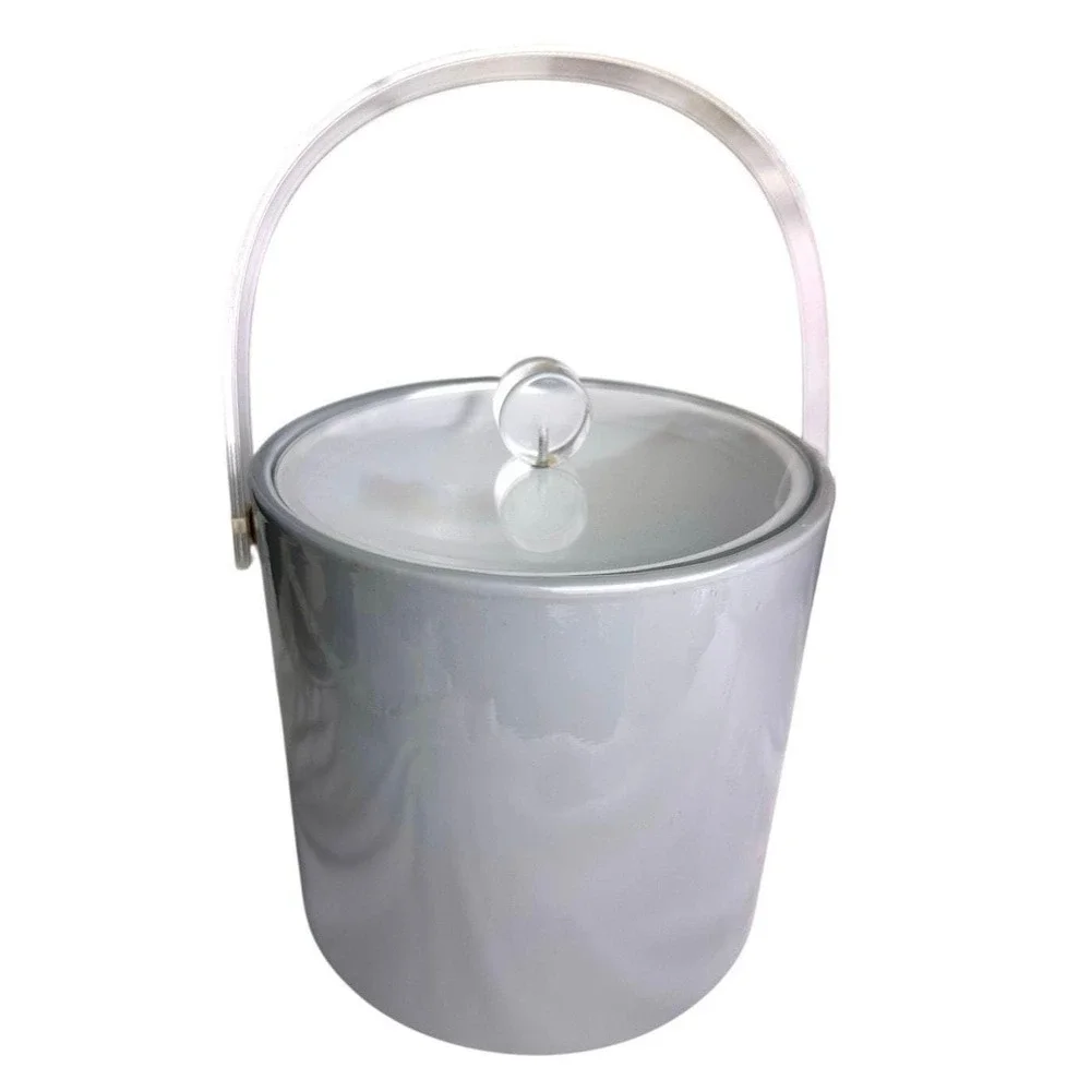 Mid-Century Gray Ice Bucket with Clear Acrylic Handle and Lid